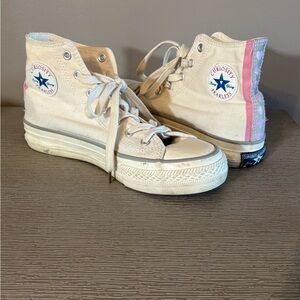 Curiosity Fearless High-Top Canvas Sneakers in Off-White with Pink Accent